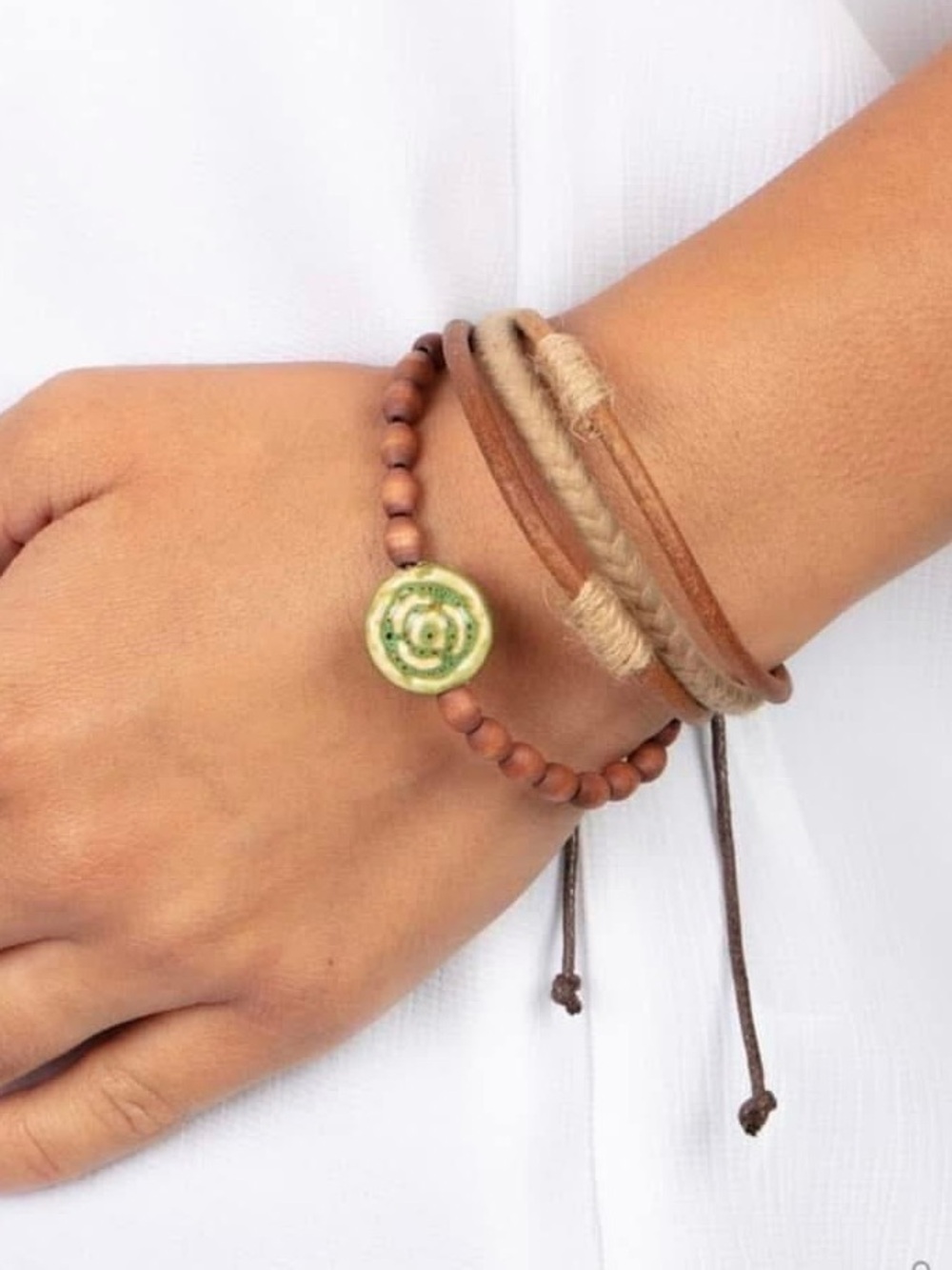New Brown Beaded Bracelet with Green Ceramic Accent